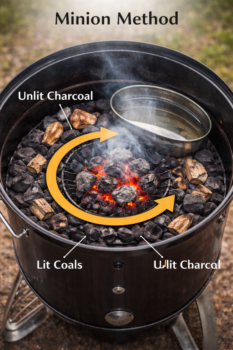 Minion method charcoal setup in a bullet smoker